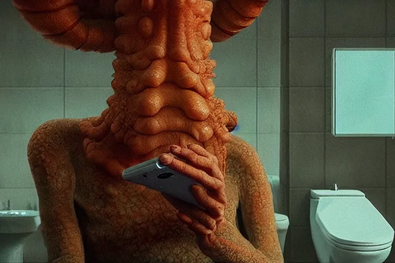 Image similar to hyperrealism aesthetic ridley scott and denis villeneuve style photography of a detailed giant squidward, siting on a detailed ultra huge toilet and scrolling his smartphone in hyperrealism scene from detailed art house movie in style of alejandro jodorowsky and wes anderson