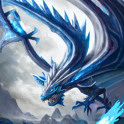 Image similar to a blue eye white dragon, yugioh card game art, battlefield background, bright art masterpiece artstation. 8 k, sharp high quality artwork in style of jose daniel cabrera pena and greg rutkowski, concept art by tooth wu, blizzard warcraft artwork, hearthstone card game artwork, yugioh artwork