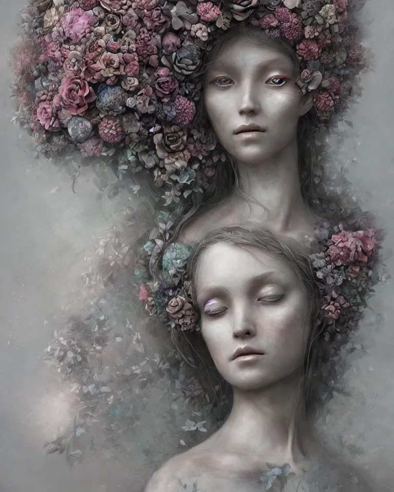 Prompt: portrait of a beautiful ethereal female made of concrete made of flowers made of mist, Andrew Ferez, Charlie Bowater, Marco Mazzoni, Seb McKinnon, Ryohei Hase, trending on cgsociety, featured on zbrush central, new sculpture, mystical