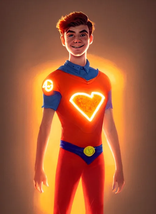 Image similar to kind teenage archie andrews wearing an orange superhero costume, freckles, superhero costume with heart emblem, cape, intricate, elegant, glowing lights, highly detailed, digital painting, artstation, sharp focus, illustration, art by wlop, mars ravelo and greg rutkowski