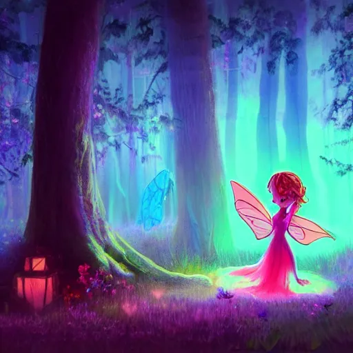 Image similar to fairy clothing store in a woodland grove, neon wings cute colorful pretty artistic girly avant garde 4 k artstation trending dramatic lighting high frequency noise