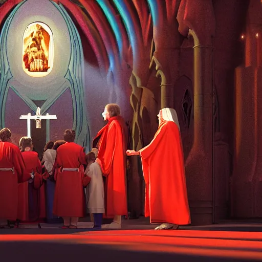 Image similar to octane render by mort kunstler and annie leibovitz and angus mckie, a line of people in colorful tunics receiving holy communion from a monstrous alien creature in a red cardinal robe, 4 d, 4 k, volumetric lighting, ray traced lighting, ultra - detailed