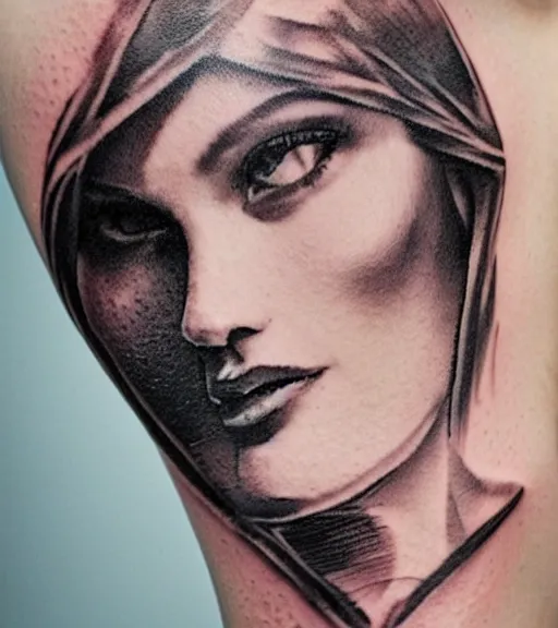 Prompt: hyper realism tattoo sketch of a beautiful woman face double exposure effect with beautiful mountain scene, in the style of matteo pasqualin, amazing detail, sharp, faded