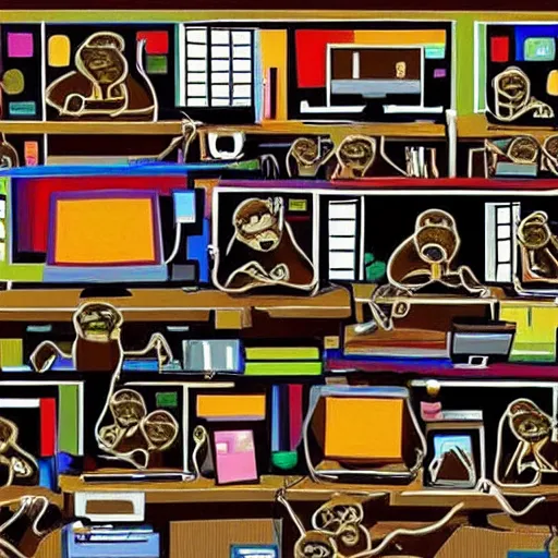Prompt: 2 5 monkeys using computers, in a well lit office, happy monkey faces, modern paintings on the walls