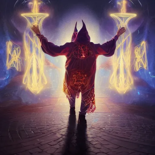 Prompt: an epic painting of the wizard in the hood, making hand passes surrounded by glowing symbols to create new era, back view, mystic, oil on canvas, perfect composition, golden ratio, beautiful detailed, photorealistic, digital painting, concept art, smooth, sharp focus, illustration, artstation trending, octane render, unreal engine