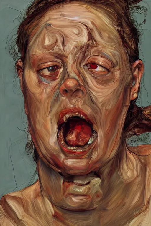 Image similar to portraits of a woman enraged, part by Jenny Saville, part by Lucian Freud, part by Frank Miller