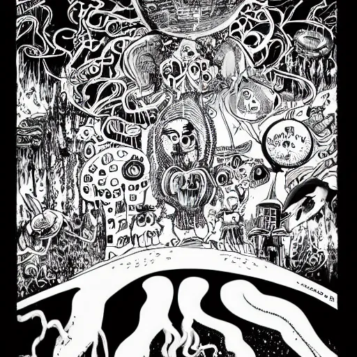 Image similar to black and white trippy comic art of global tourism, drawn by Martin Rowson, Tim Burton, Studio Ghibli, Alex Pardee, Nekro Petros Afshar, James McDermott, cgsociety 4K