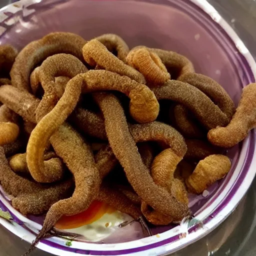 Prompt: very delicious fried worms and grasshoppers
