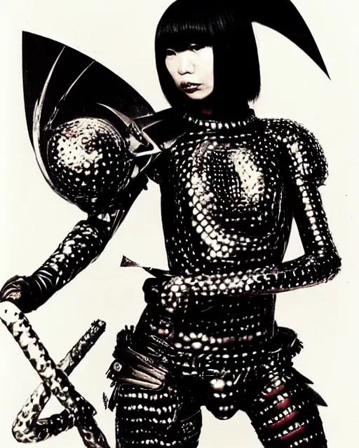 Image similar to portrait of a skinny punk goth yayoi kusama wearing armor by simon bisley, john blance, frank frazetta, fantasy, thief warrior, psychedelic fur