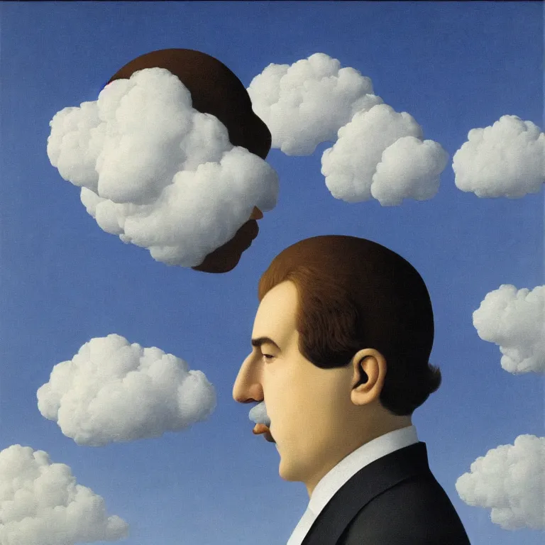 Prompt: portrait of a cloud faced man, by rene magritte, centered, detailed painting, hd, hq, high resolution, high detail, 4 k, 8 k