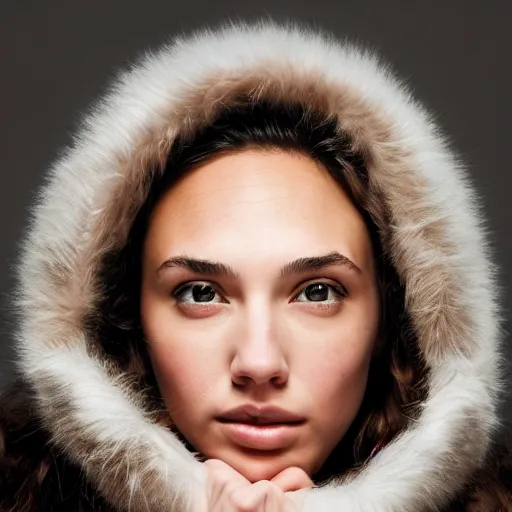 Image similar to a masterpiece portrait photo of a beautiful young woman who looks like an eskimo gal gadot, symmetrical face, random background scene