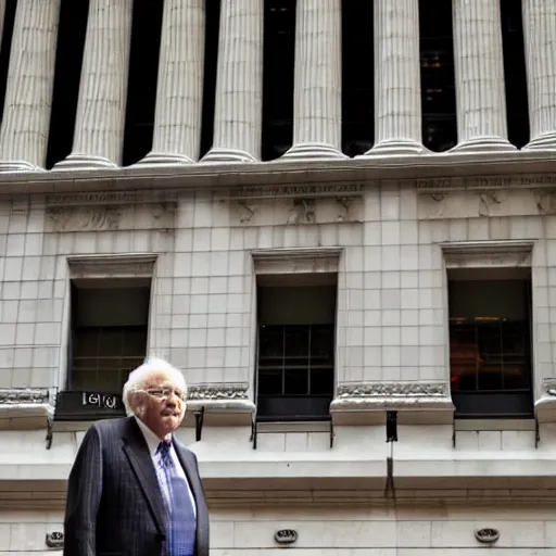 Image similar to warren buffet as a spider standing outside wall street stock exchange, reality, realistic, detailed, 8 k, award winning, wide shot,