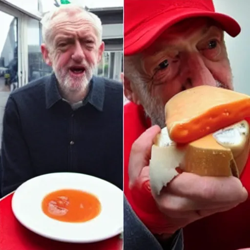 Image similar to jeremy corbyn with a crazed look on his face with one hand filled with ketchup and one hand filled with cheese