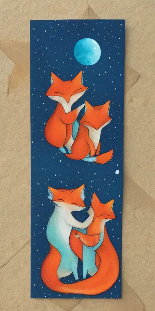 Image similar to greeting card, love, 2 affectionate foxes, by kelly mckernan, warm colors, cozy