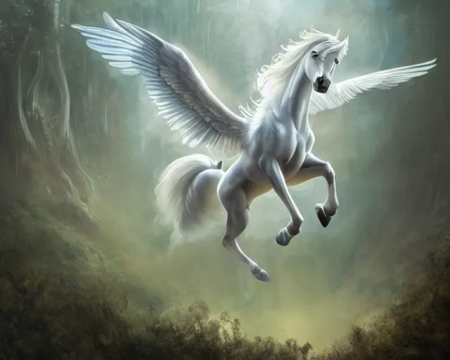 Image similar to white pegasus flying above forested mesas at sunrise, illustration, by ( kieran yanner ) ( miranda meeks ) ( anna podedworna ) ( cristi balanescu ), digital art