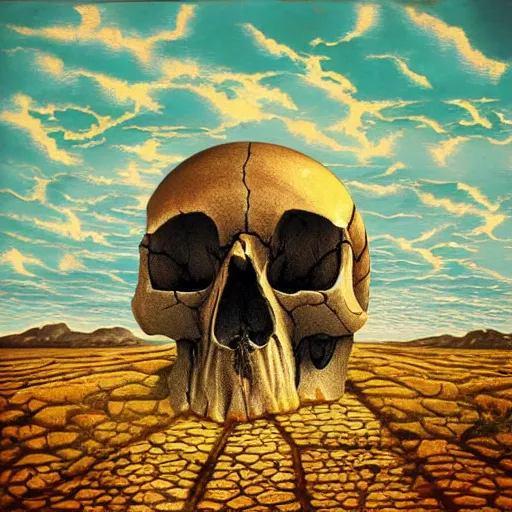 Prompt: desolate skull landscape, bright surrealism