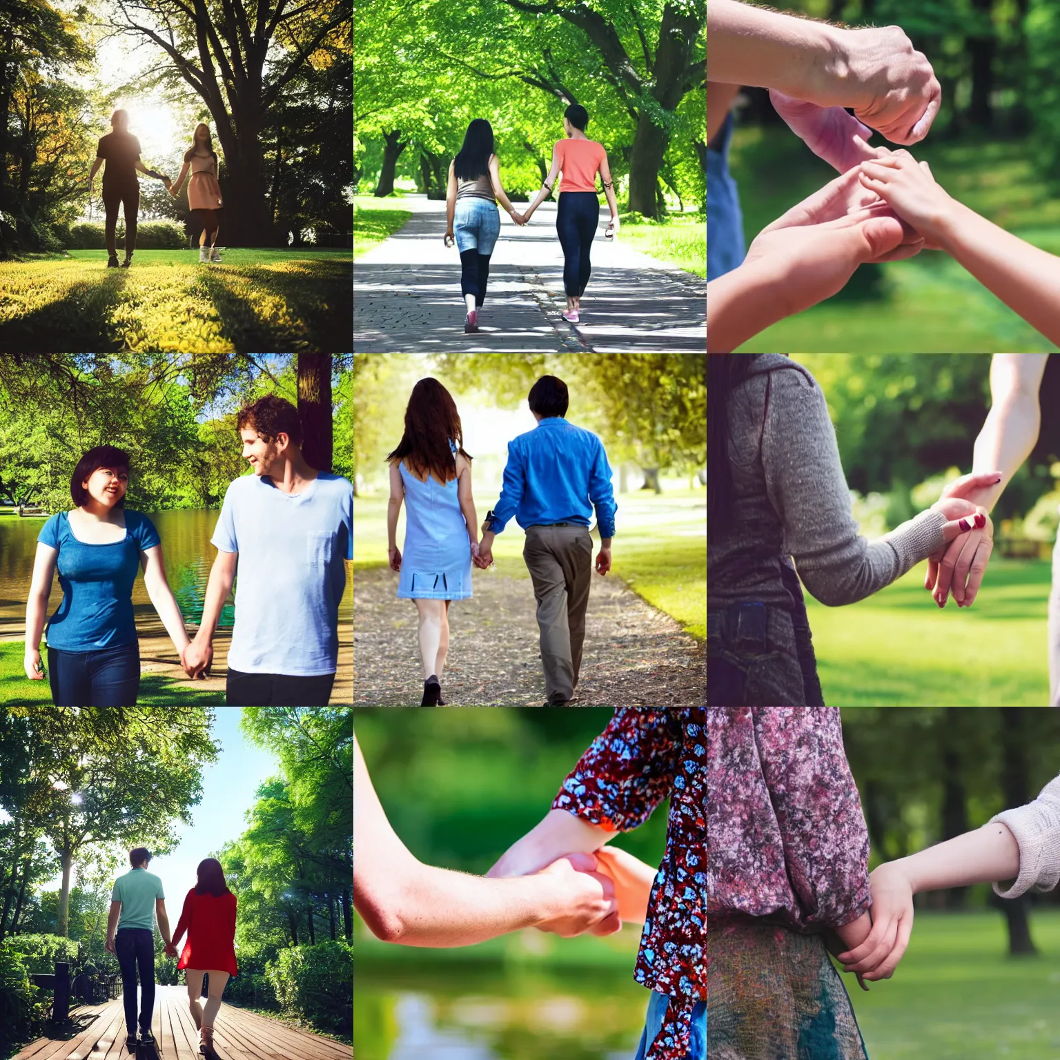 Prompt: Female fish humanoid walking through a park hand in hand with another human on a sunny day, photograph