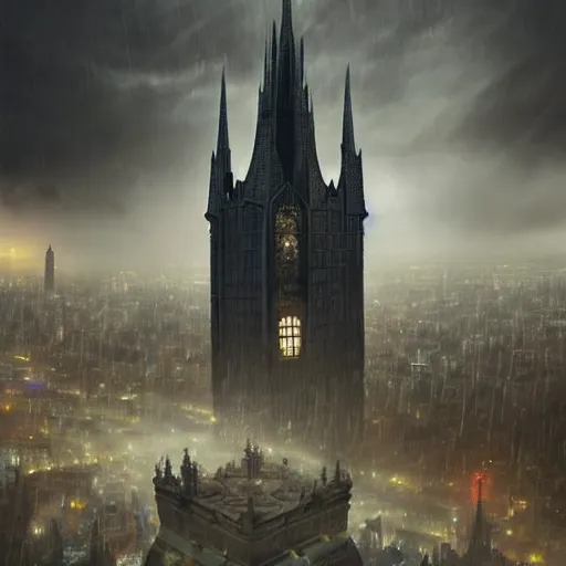 Image similar to an ultra detailed tarot card of a lonely and impossibly tall ominous gothic dark tower elevated high above the city, in a river elevated high above the city, fantasy capital city, ultrawide lense, aerial photography, scary thunderstorm, light fog, volumetric lighting, exquisite detail, 8 k, art by greg rutkowski and alphonse mucha