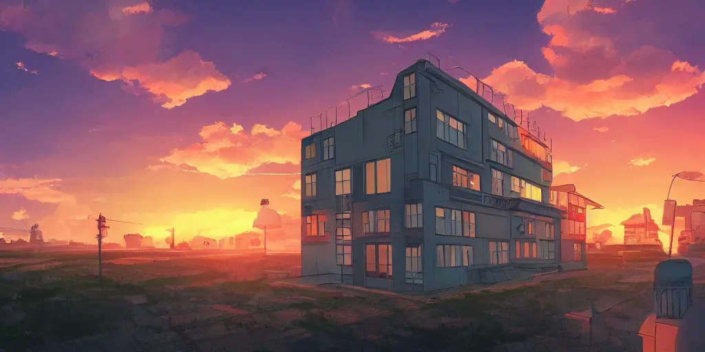 Image similar to a soviet city panel building house with sunset sky, ultra high quality, 4 k, by miyazaki and makoto shinkai, anime screenshot, colorful, artstation, pixiv,