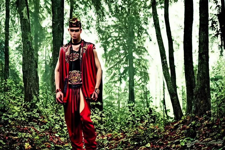 Image similar to versace avant garde male toga intricate textiles streetwear cyberpunk posing in the woods trees cloudy overcast dark late evening dramatic 3 5 mm professional color