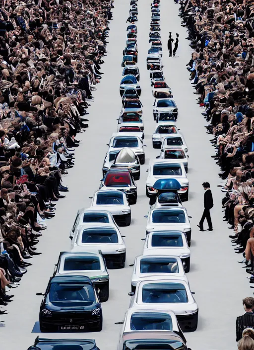 Image similar to hyperrealistic and heavy detailed balenciaga runway show of cars, leica sl 2 5 0 mm, vivid color, high quality, high textured, real life