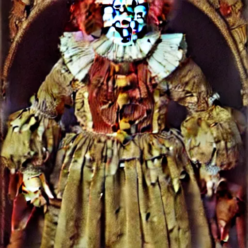 Image similar to a highly detailed portrait of pennywise the clown, wearing elegant tudor clothes, inside a room with thick red tapestries, oil painting by hans holbein and alessandro allori