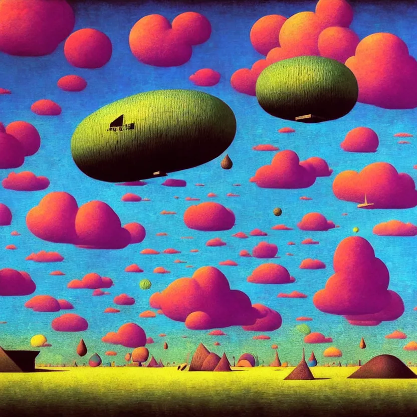 Image similar to surreal glimpse into other universe, airship floating, sky island, summer morning, very coherent and colorful high contrast, art by! gediminas pranckevicius, rene magritte! paul klee geof darrow, volumetric lighting, cinematic, floralpunk screen printing woodblock, dark shadows, hard lighting, stipple brush