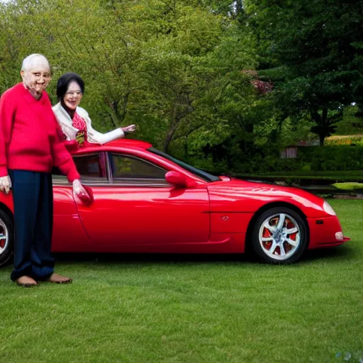 Prompt: 0 8 s photo of elder couple, pose like the super models in the paddle field with red super car,