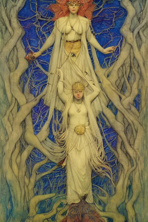 Image similar to queen of the forest with her lantern, by Annie Swynnerton and Nicholas Roerich and jean delville, dramatic cinematic lighting , ornate headdress , flowing robes, lost civilizations, extremely detailed