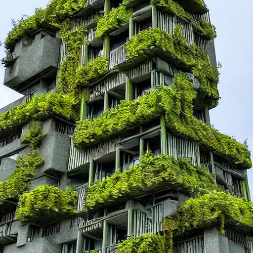 Prompt: “building made of plants, brutalist, mc Escher, photography, architecture, 8k, detailed”