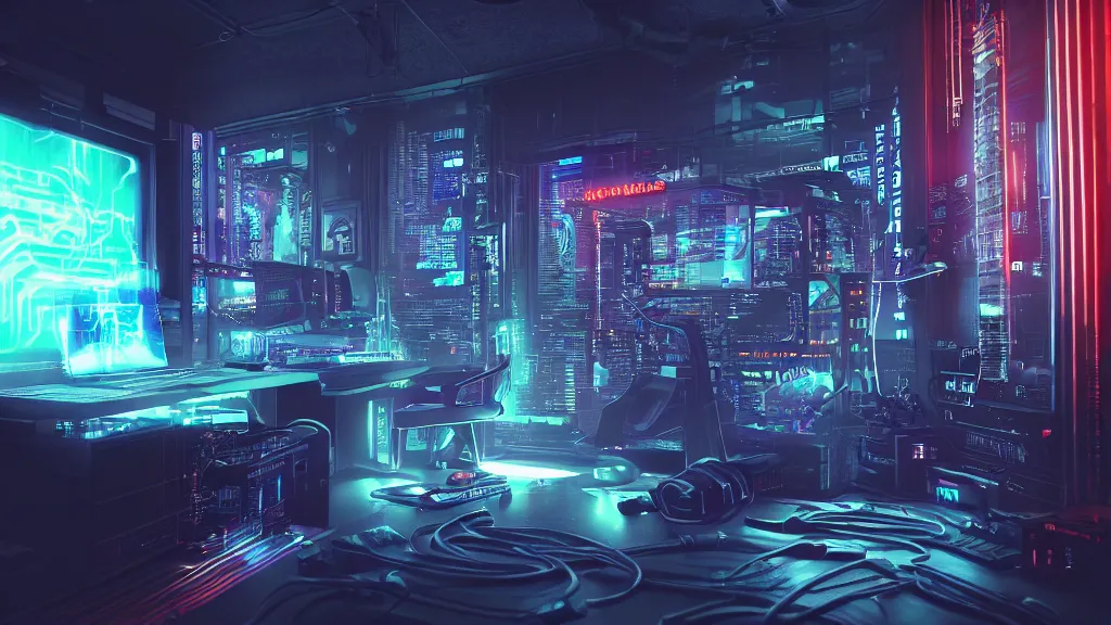 Image similar to a cyberpunk overpowered computer. Overclocking, watercooling, custom computer, cyber, mat black metal, orange neon stripes, alienware, futuristic design, Beautiful dramatic dark moody tones and lighting, Ultra realistic details, cinematic atmosphere, studio lighting, shadows, dark background, dimmed lights, industrial architecture, Octane render, realistic 3D, photorealistic rendering, 8K, 4K, computer setup, intricate details