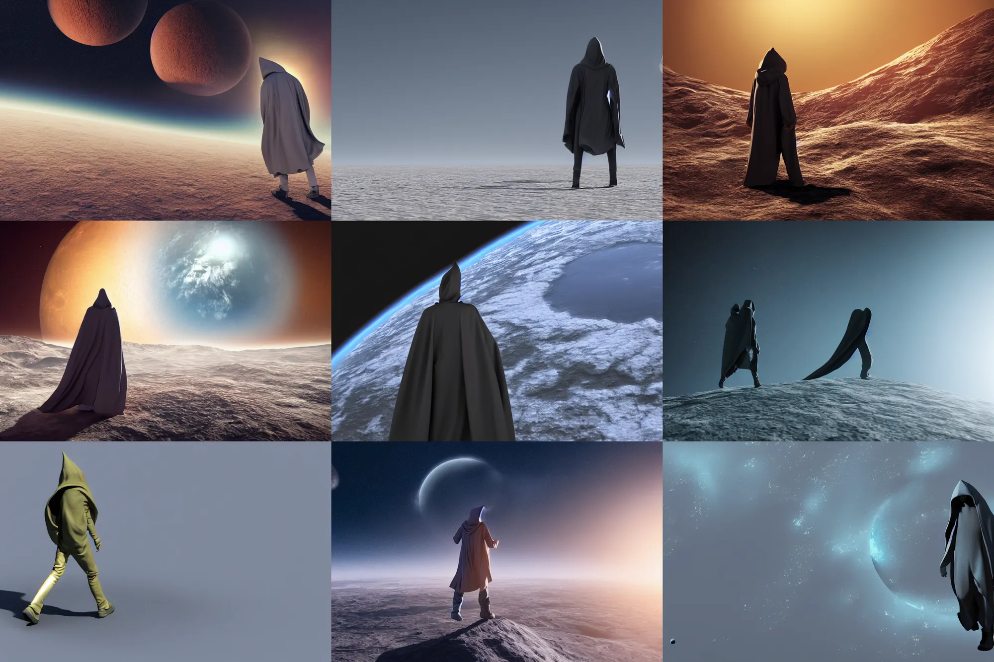 Prompt: 3 d render of a hooded figure planeswalking on new planets, 4 k