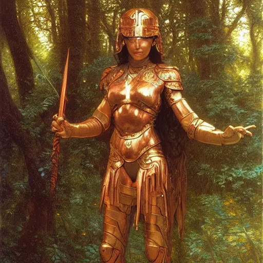 Prompt: a detailed, beautiful oil painting of a warrior wearing intricate, etched copper armor in an ancient forest, by michael whelan, donato giancola, and william adolphe bouguereau