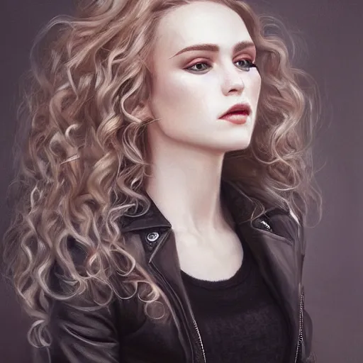 Prompt: portrait of a beautiful woman, white curly hair, wearing leather jacket, by mandy jurgens