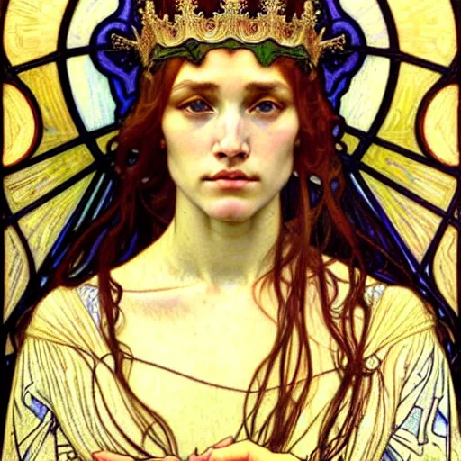 Image similar to detailed realistic beautiful young medieval queen face portrait by jean delville, alphonse mucha, vincent van gogh, and marco mazzoni, art nouveau, symbolist, visionary, gothic, pre - raphaelite
