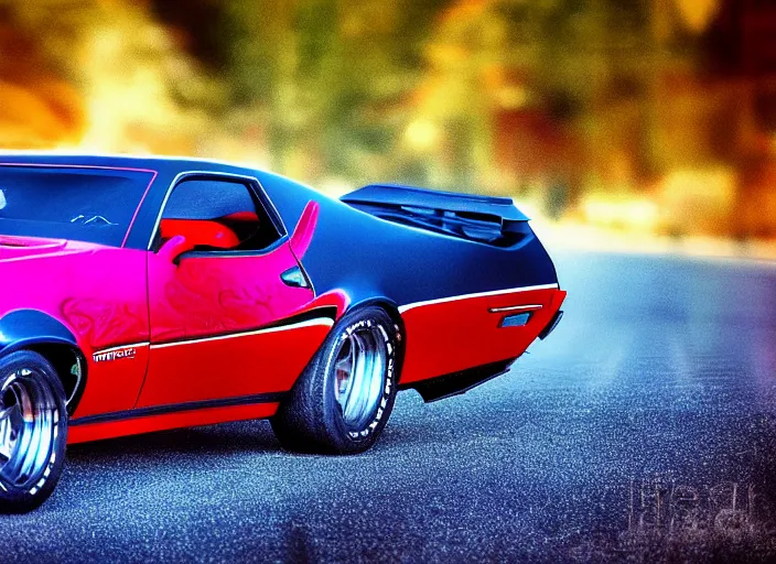 Prompt: retro wave picture of a black camaro mach 1, red and blue reflections, backlit, soft focus