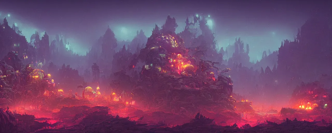 Image similar to ” otherwordly landscape at night, [ bioluminescense, cinematic, detailed, epic, widescreen, opening, establishing, mattepainting, photorealistic, realistic textures, octane render, art by slop and paul lehr ] ”