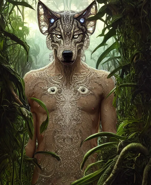 Prompt: intricate ornate opulent transparent clear see - through portrait of a terrifying beautiful male alien wolf, mottled coloring, adorable, childlike, overgrown jungle environment, ultra realistic, concept art, art nouveau, photorealistic, octane render, 8 k, unreal engine. art by christopher marley and artgerm and greg rutkowski and alphonse mucha