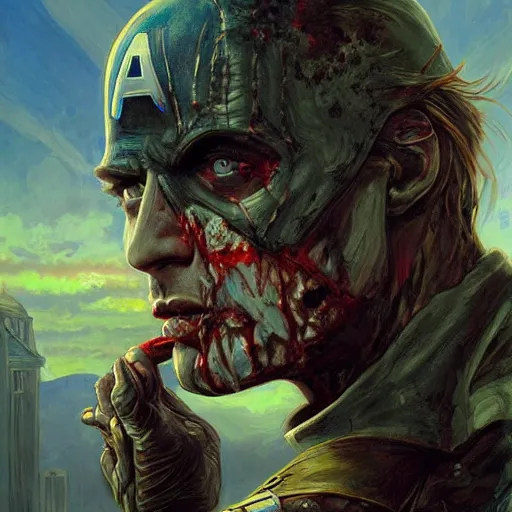 Image similar to masterpiece closeup portrait of captain america zombie d in a surreal dream landscape, cinematic lighting, Michael Whelan