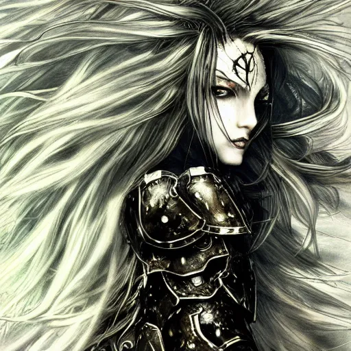 Image similar to yoshitaka amano realistic illustration of an anime girl with wavy white hair and cracks on her face wearing elden ring armour with the cape fluttering in the wind, abstract black and white patterns on the background, noisy film grain effect, highly detailed, renaissance oil painting, weird portrait angle