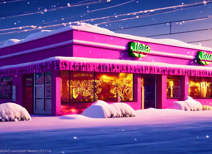 Prompt: realistic exterior photo of a mexican restaurant, vaporwave, in a flat snowy field. 35mm. Very detailed 8k. Sharp. Cinematic post-processing. Unreal engine. Nanite. Ray tracing. Parallax. Tessellation