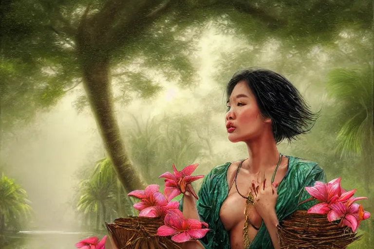 Image similar to ultra realistic illustration, closeup photo, monsoon on tropical island, attractive oriental woman, frontal, ornate, beautiful, atmosphere, vibe, mist, coconuts, rain, wet, pristine, puddles, melting, dripping, creek, bridge, forest, roses, flowers, by stanley artgerm lau, thomas kindkade