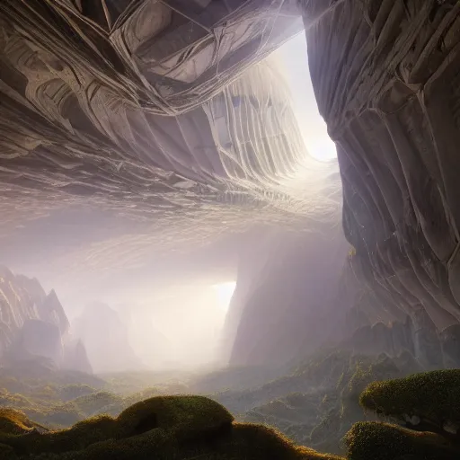 Prompt: a massive diffusing parametric cellular tectonic organic biological crystallographic bridging megastructure architecture in a wide canyon landscape, by glenn small, by albert bierstadt, photorealistic, zaha hadid, god rays, volumetric lighting, detailed, extremely intricate, raytrace, octane, fog, vray,