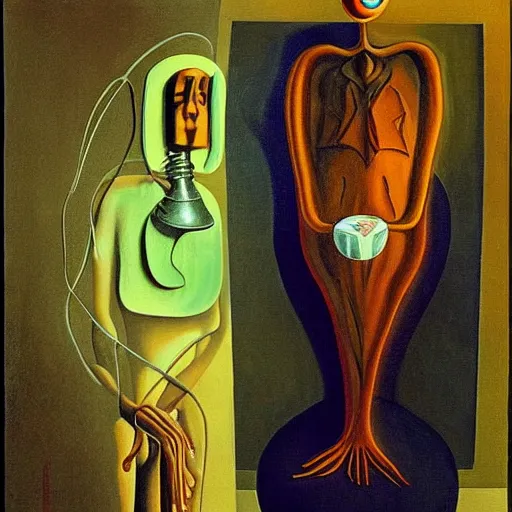 Image similar to a surrealist painting, self portrait of an artificial intelligence, in the style of salvador dali and remedios varo