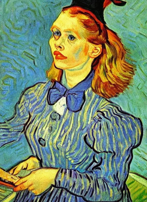 Image similar to lifelike oil painting portrait of alice in wonderland by van gogh