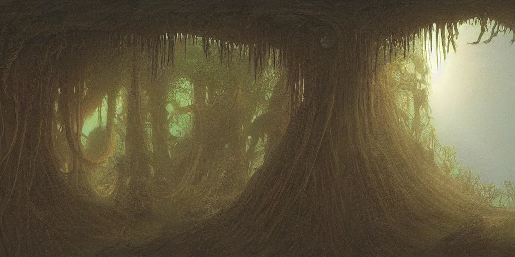 Prompt: Artwork by John Howe of the cinematic view of a brutal realm of secretive tropical rainforests, sublittoral jellyfish schools, and soft-sanded coastlines, illuminated only by dim, distant light from a far sun.