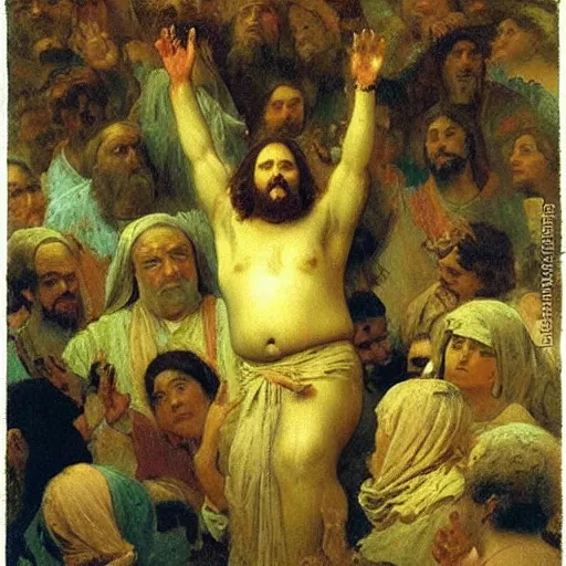 Image similar to morbidly obese jesus floating above a crowd of onlookers, by ilya repin