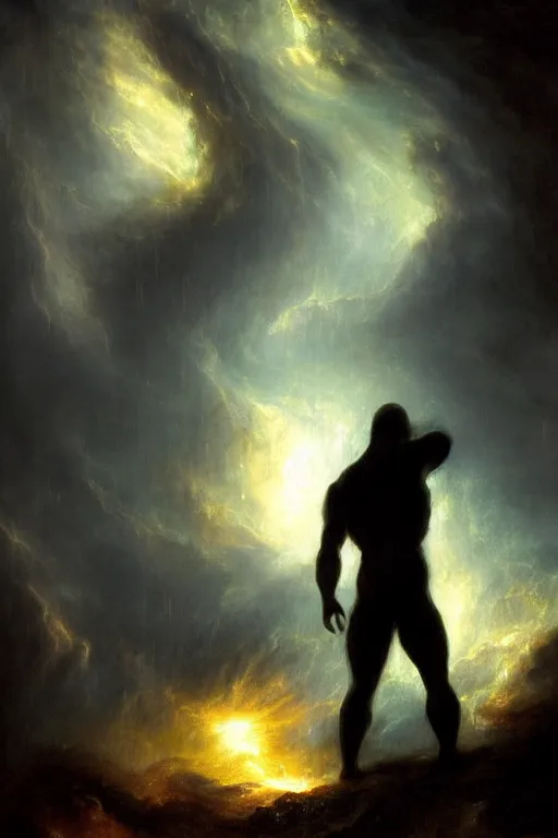 Image similar to a hulking human male silhouette in the darkness, his eyes glowing red, roiling stormclouds overhead,. atomospheric, artgerm, in the style of turner, high detail, 8 k resolution,