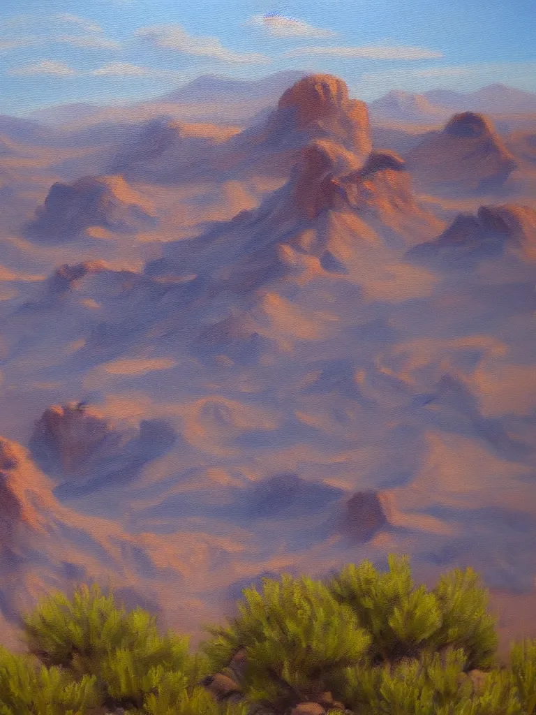 Prompt: beautiful oil painting of a desert rocks mountains in the distance by Mark Maggiori