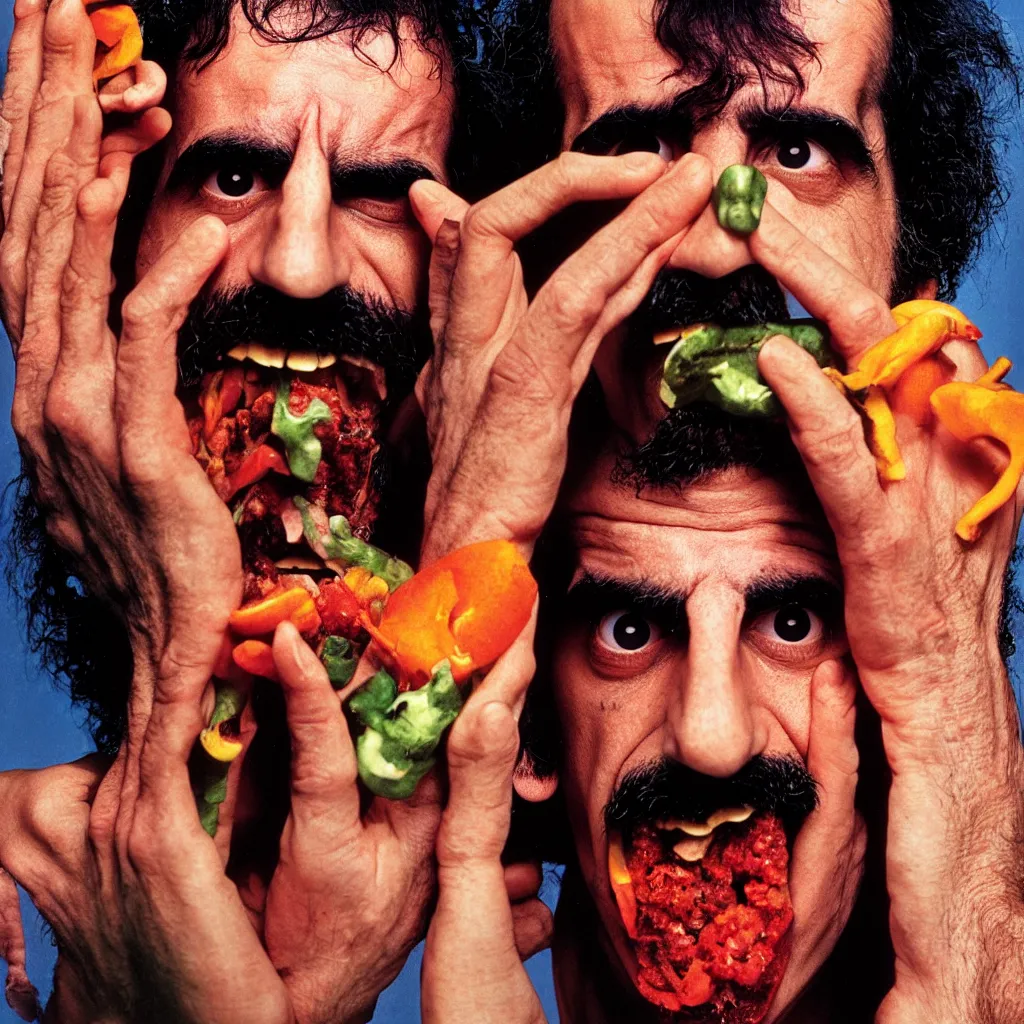 Image similar to award winning photo of frank zappa eating himself, vivid colors, happy, symmetrical face, beautiful eyes, studio lighting, wide shot art by Sally Mann & Arnold Newman